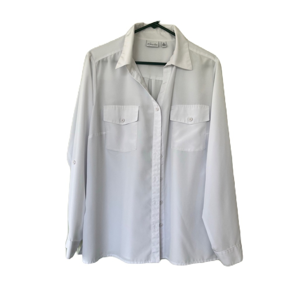 Kim Rogers Women White Button Down Blouse Roll Tab Sleeve Chest Pockets Size XL